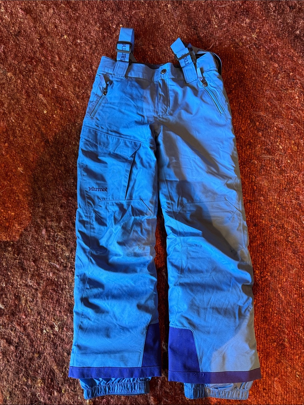 Marmot Kids Bright Blue Snow Overalls with Dark Blue Cuffs